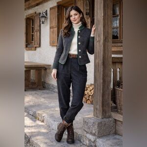 Vintage B. Altman Austria Made Boiled Wool Gray Trachten Jacket Green Trim S